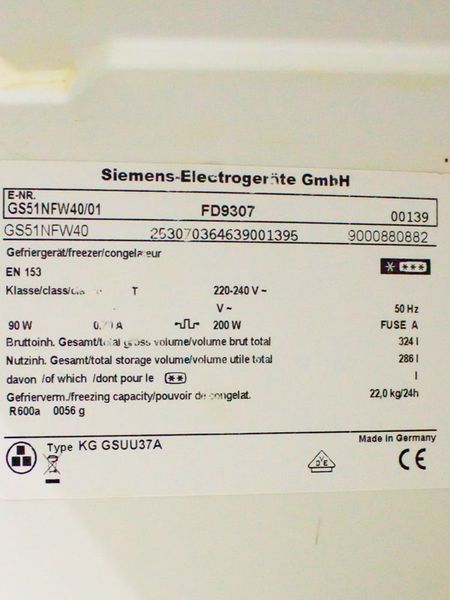 Морозильна шафа Siemens GS51NFW40 01 286л 6 полиць 200w sn 9307 00139 000024087 фото