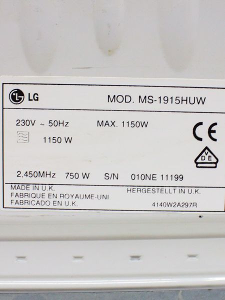 Мікрохвильова піч LG MS 1915HUW 1150w sn 010NE11199 000031595 фото