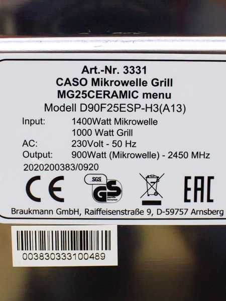 Мікрохвильова піч Caso MG25 3331 1400w гриль 1000w сток LPNHK066110744 124ф 000030640 фото