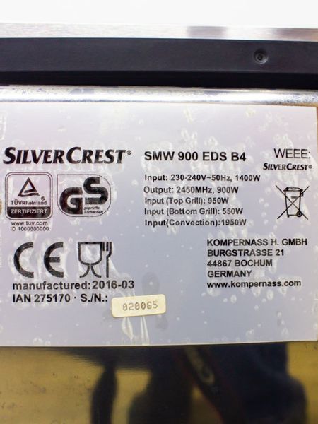 Мікрохвильова піч SilverCrest SMW 900 EDS B4 1400w гриль 950w sn 020065 000032238 фото