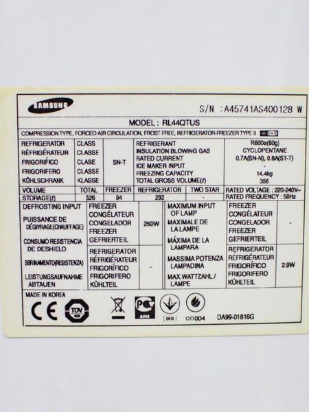 Холодильник двокамерний Samsung RL44QTUS 232+94л 260w sn A45741AS400128W 000031610 фото