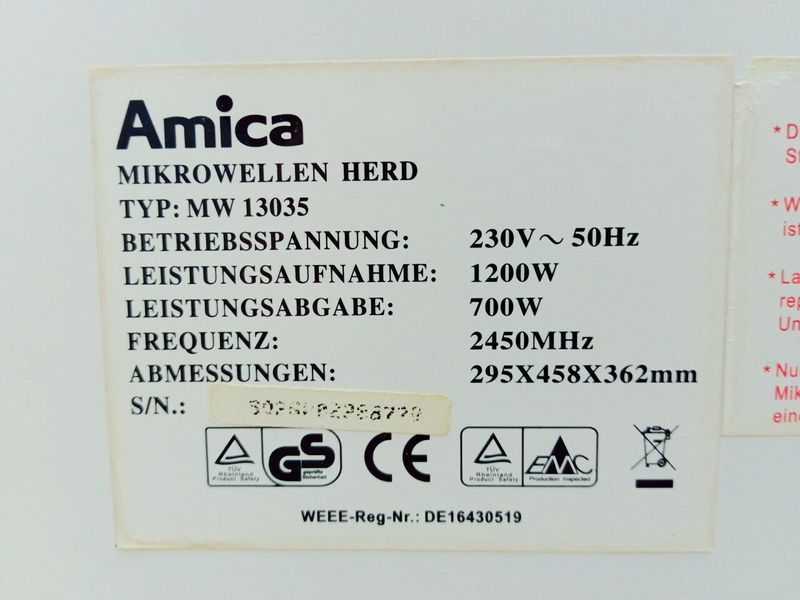 Мікрохвильова піч Amica MW 13035 1200w sn 88779 000039081 фото