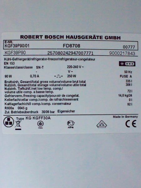 Холодильник двокамерний Bosch KGF39P90 01 306+72л 250w sn 8708 00777 000031611 фото