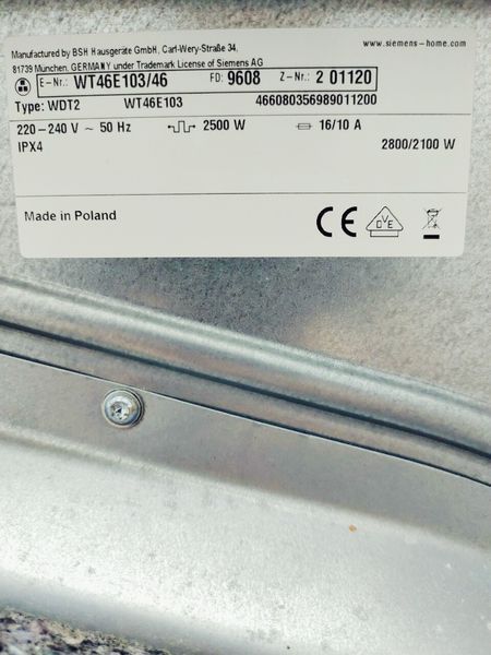 Сушильна машина Siemens IQ300 WT46E103 46 2800w 7 кг sn 9608 201120 000044299 фото