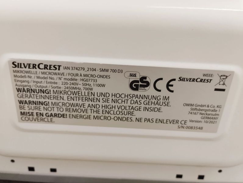 Мікрохвильова піч SilverCrest SMW700D3 1100W sn 0083548 000047692 фото