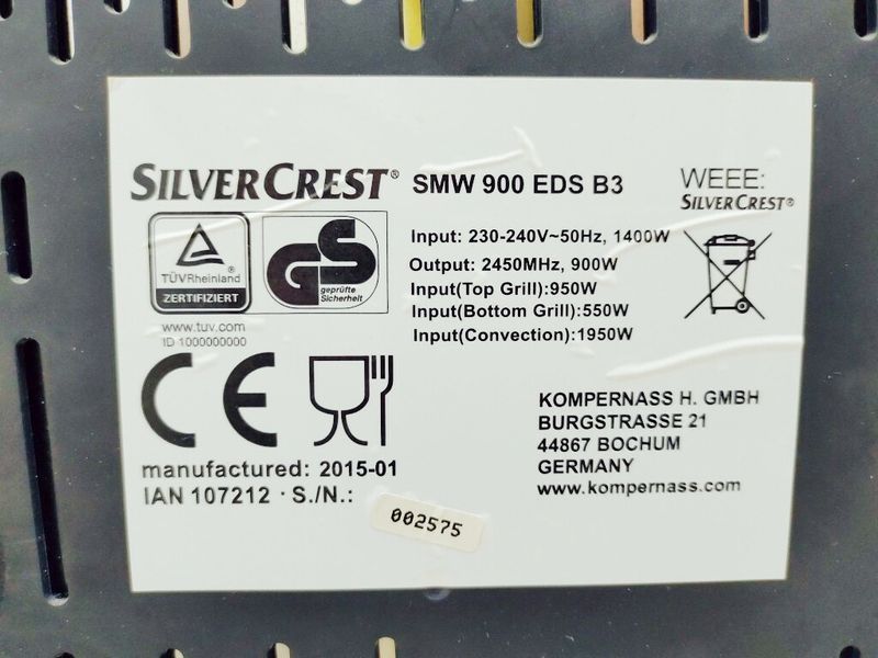 Мікрохвильова піч SilverCrest SMW 900 EDS B3 1400w гриль 950w sn 002575 000040017 фото