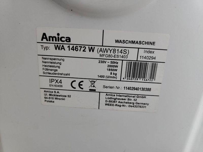 Пральна машина Amica WA14672W 2000W 8 кг sn 11402940130388 000053084 фото