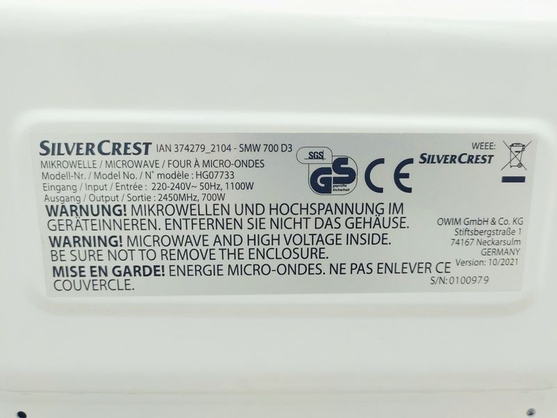 Мікрохвильова піч SilverCrest SMW 700 D3 1100w sn 0100979 000032256 фото