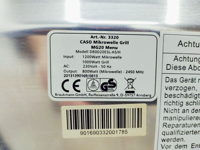 Мікрохвильова піч Caso MG20 1200w гриль 1000w sn 901690332001785 000038668 фото