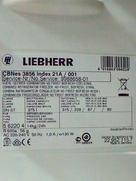 Холодильник двокамерний Liebherr CBNes 3856 Index 21A 001 228+87л 130w sn 229521157 000031607 фото