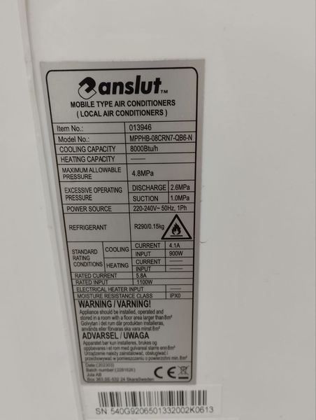 Кондиционер мобильній Anslut MPPHB 08CRN7 QB6 N 1100W sn 540G9206501332002K0613 000049381 фото