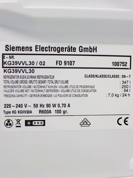 Холодильник двокамерний Siemens KG39VVL30 02 250+94л 90w sn 9107 100752 000031608 фото