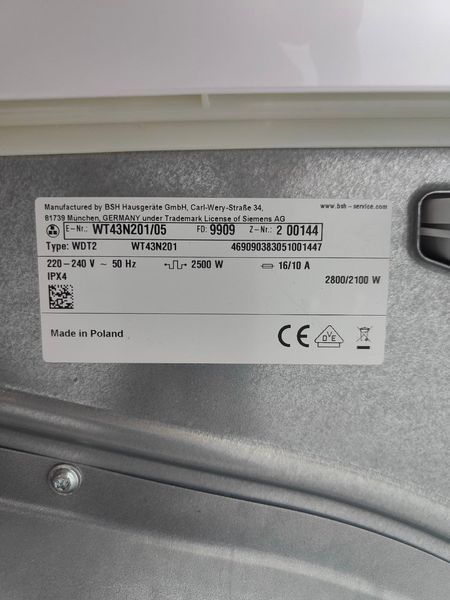 Сушильная машина Siemens WT43N20105 2800W sn 990900144 000051439 фото