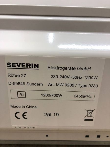 Мікрохвильова піч Severin MW9280 1200w sn N219W117515G0307 000043234 фото