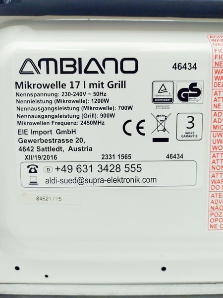 Мікрохвильова піч Ambiano 46434 1200w гриль 900w sn 0462115 000024490 фото