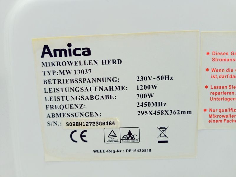 Мікрохвильова піч Amica MW 13037 1200w sn S028W12723G0464 000039094 фото