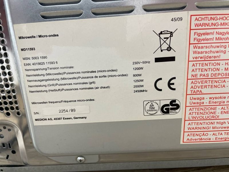 Мікрохвильова піч Medion MD11593 1200w гриль 1250w sn 225409 000045683 фото