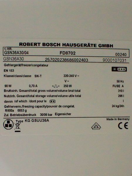 Морозильна шафа Bosch GSN36A30 04 90w 296л 6 полиць sn 8702 00240 000028773 фото