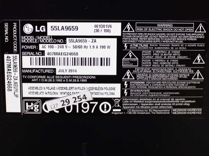 ТБ 55 LG 55LA9659 LED Smart TV 3D 190w sn 407MAEG24668 000032159 фото