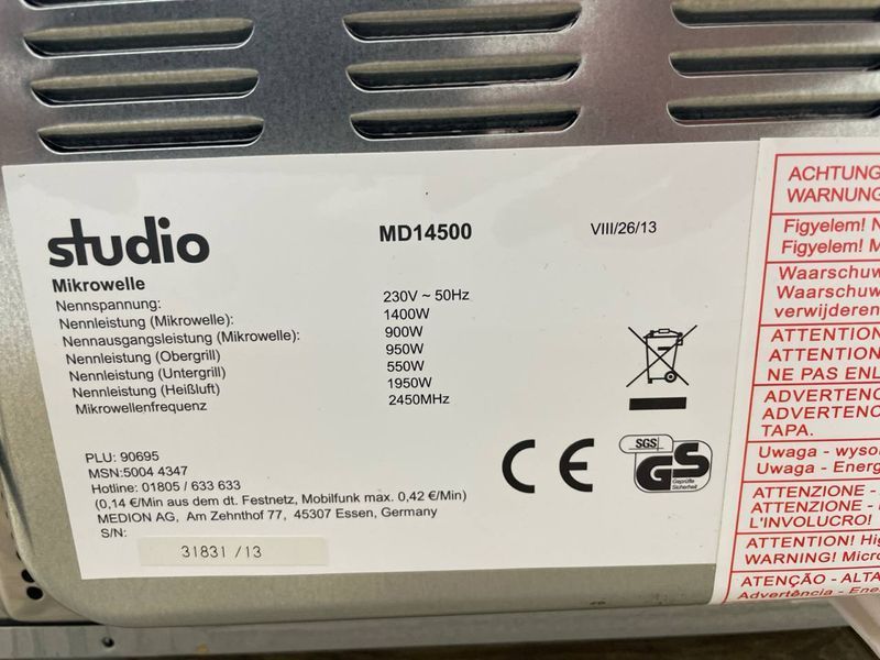 Мікрохвильова піч Studio MD14500 1400w гриль 950w sn 3183113 000045665 фото