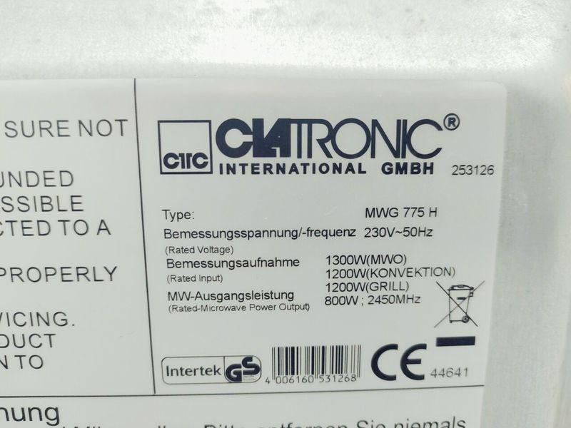 Мікрохвильова піч Clatronic MWG 775H 1300w гриль 1200w 000043233 фото