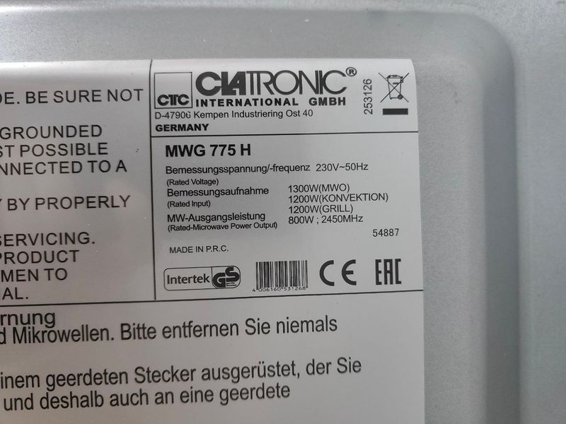 Микроволновая печь Clatronic MWG775H 1300W sn 54887 000051103 фото