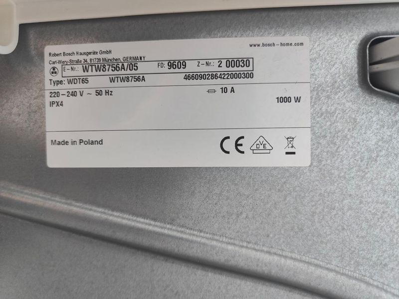 Сушильная машина Bosch Serie 8 WTW8756A 05 1000W 8кг sn 960920030 000052587 фото
