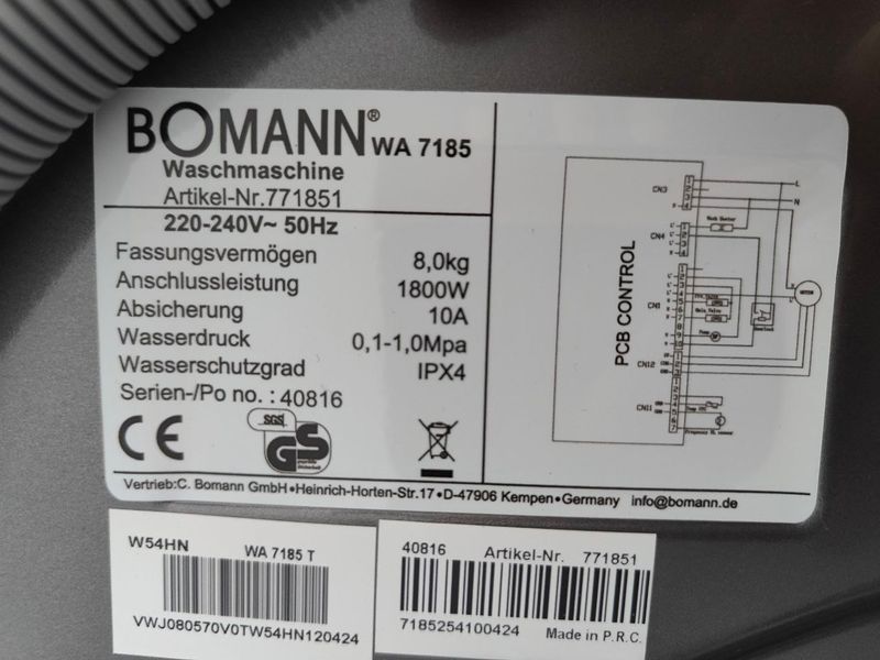 Стиральная машина Bomann WA 7185 1800W 8кг sn 40816 000053630 фото