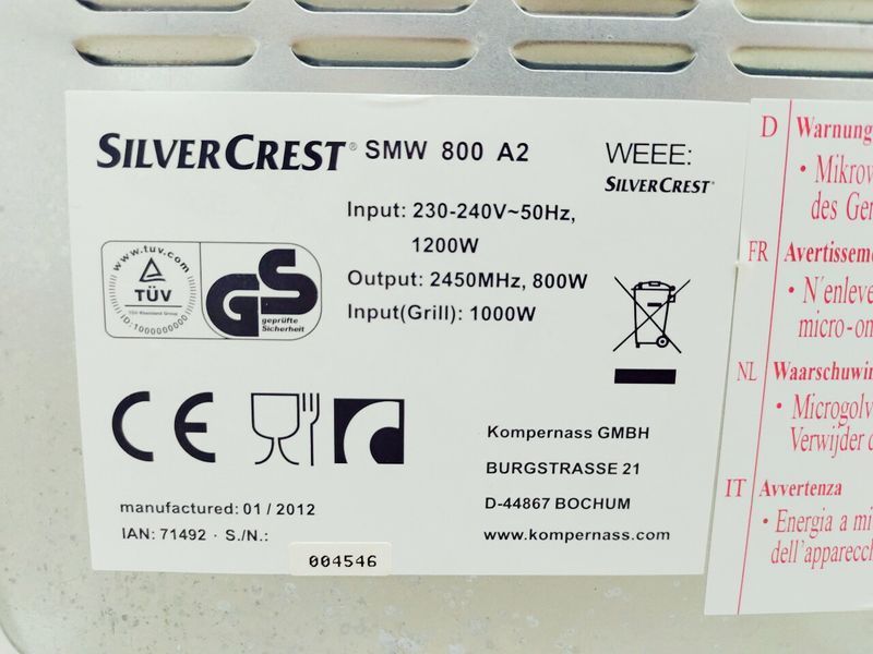 Мікрохвильова піч SilverCrest SMW 800 A2 1200w гриль 1000w sn 004546 000044327 фото