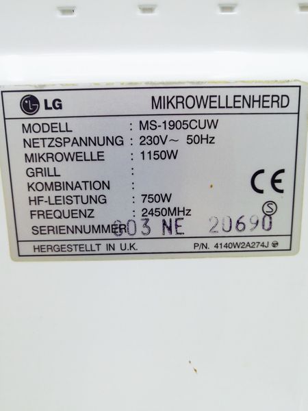 Мікрохвильова піч LG MS 1905CUW 1150w sn 803NE20690 000035325 фото