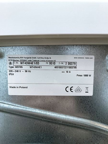 Сушильна машина Siemens IQ500 WT43W4E1 1000w 7 кг sn 9510 200379 000045975 фото