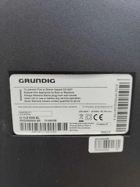 Телевізор Grundig 43VLE6000BL 90W sn 71100158 000050557 фото
