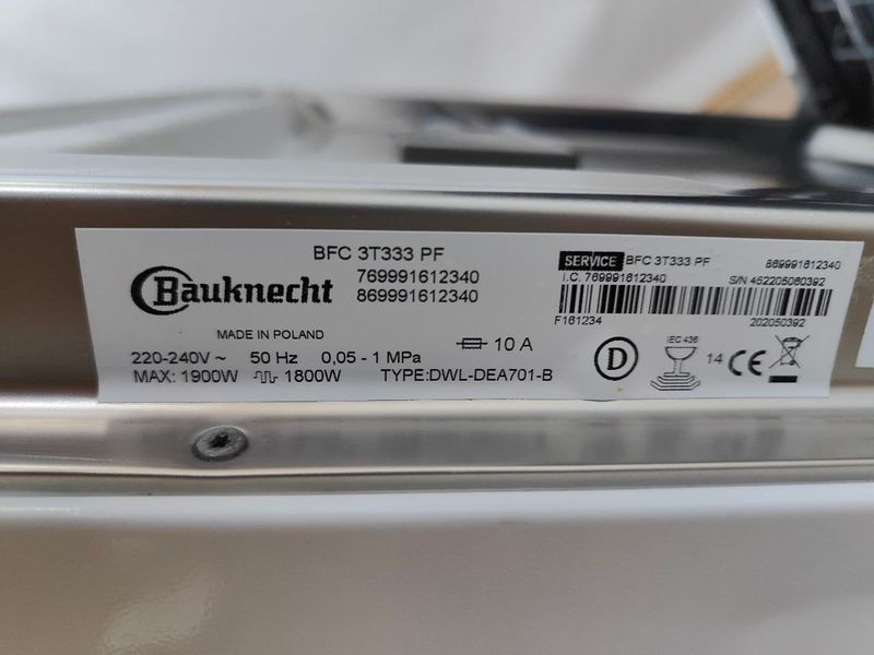 Посудомийна машина Bauknecht BFC3T333PF 1800W 14ком sn 452205060382 000051189 фото