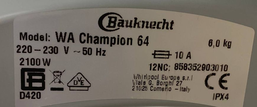 Стиральная машина Bauknecht WA Champion 2100W 6кг sn 858352903010 000049033 фото