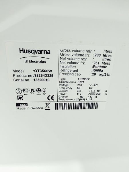 Морозильна камера Husqvarna QT3560W 251л 7 полиць 205w sn 13520016_партія 3 номер 173 000040902 фото