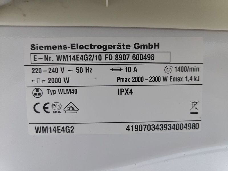 Пральна машина Siemens E 14 4G WM14E4G2 10 2300W 7 кг sn 8907 600498 000052266 фото