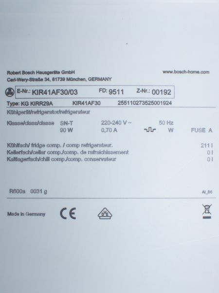 Холодильник однокамерный встраеваемый Bosch KIR41AF30 03 000031810 фото