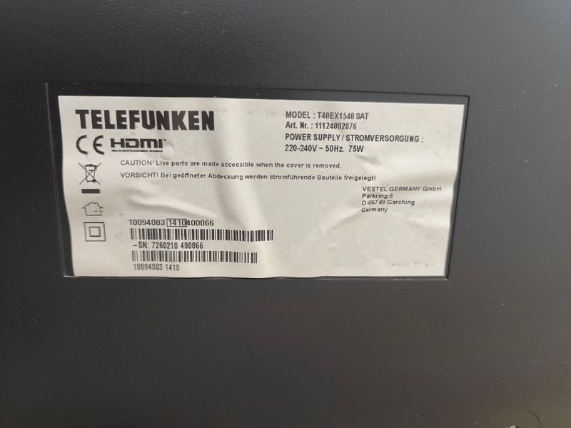 Телевизор Telefunken T40EX1540SAT 75W sn 7260210400066 000050539 фото