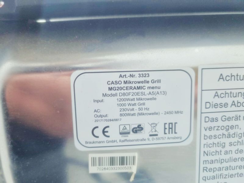 Мікрохвильова піч Caso D80F20ESL 1200w гриль 1000w sn 702840332300503 000041076 фото