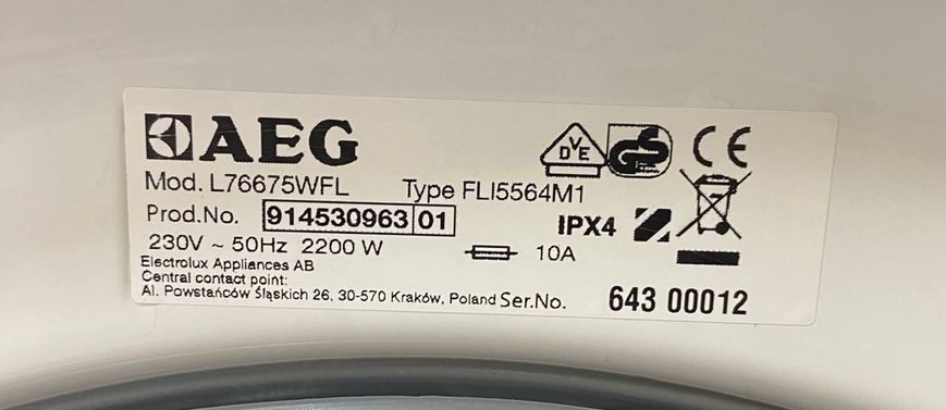 Стиральная машина AEG L76675WFL 2200W 7кг sn 914530963 000049023 фото