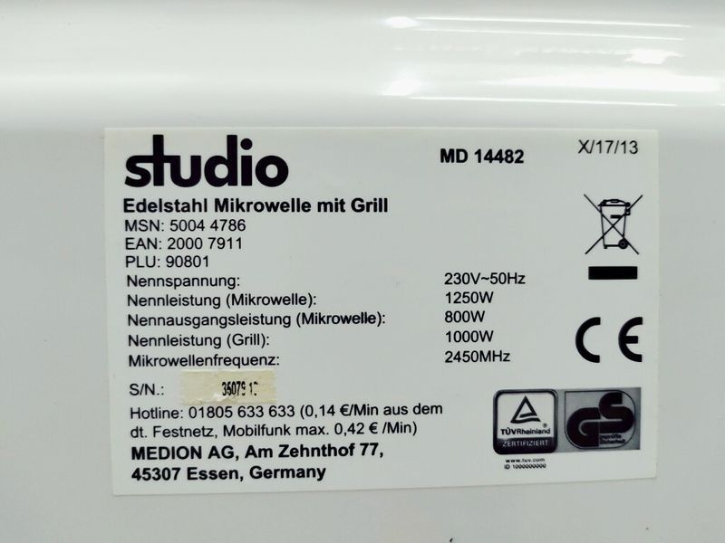 Мікрохвильова піч Studio MD 14482 1250w гриль 1000w sn 3507913 000040339 фото