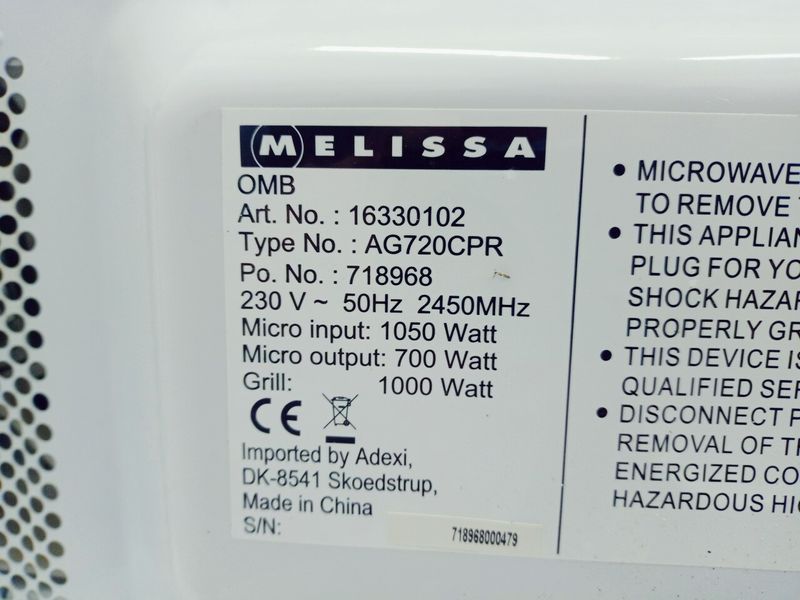 Мікрохвильова піч Melissa AG720CPR 1050w гриль 1000w sn 718968000479 000042386 фото