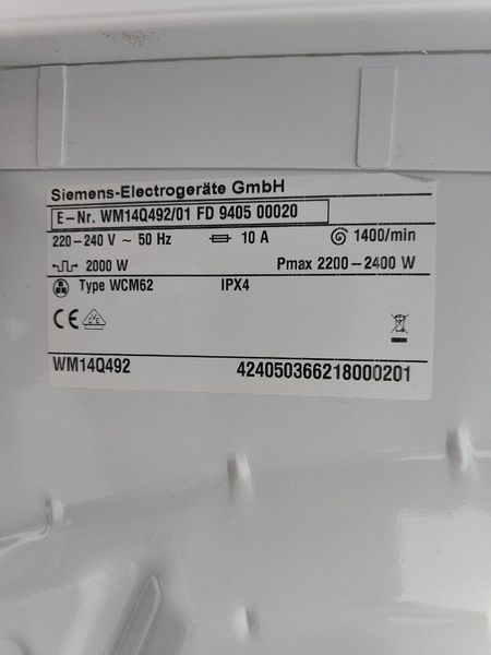 Пральна машина SIEMENS WM14Q49 2400W 7кг sn 940500020 000051177 фото