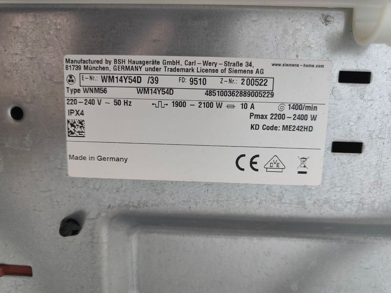 Пральна машина Siemens iQ800 WM14Y54D 39 2100W 8кг sn 9510200522 000053110 фото