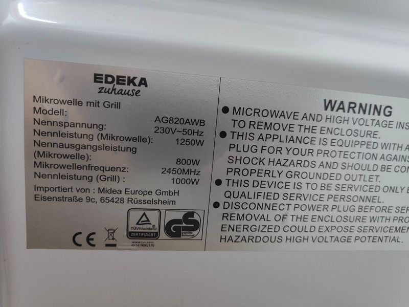 Микроволновая печь EDEKA AG820AWB 800W+1250W гриль 000049963 фото