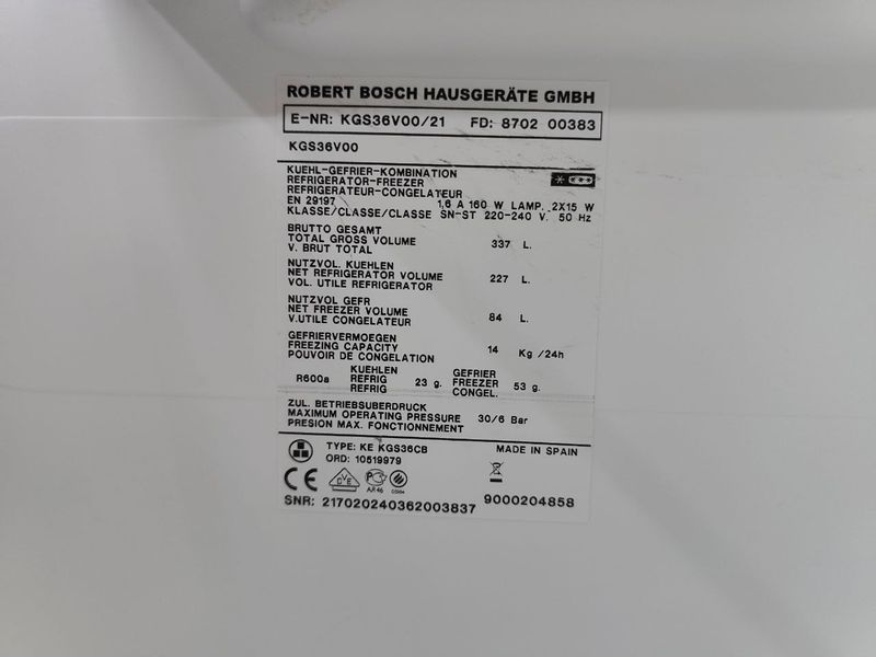 Холодильник Bosch KGS36V00 21 160W 227+84л sn 217020240362003837 n637 000053310 фото