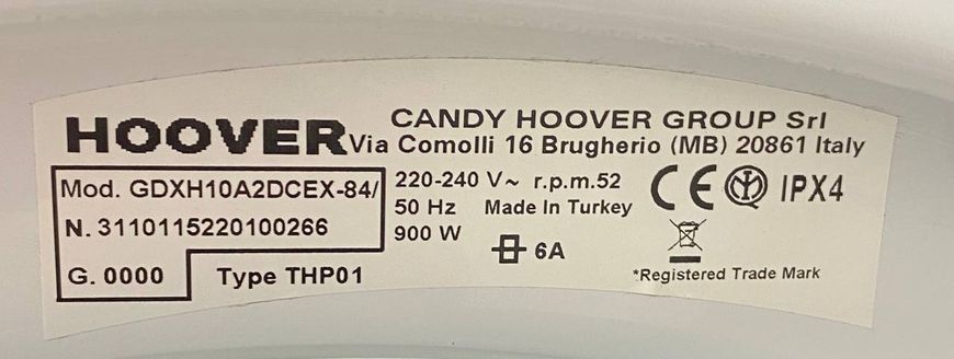 Сушильная машина Hoover GDXH10A2DCEX 900W 10кг sn 3110115220100266 000048675 фото