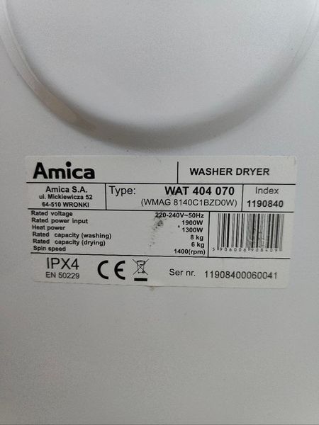 Стиральная машина с сушкой Amica WAT404070 1900W 8+6кг sn 11908400060041 000051674 фото