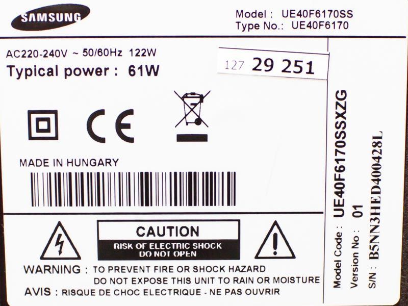 ТБ 40 Samsung UE40F6170SS LED 3D 122w sn B5NN3HED400428L 000032158 фото