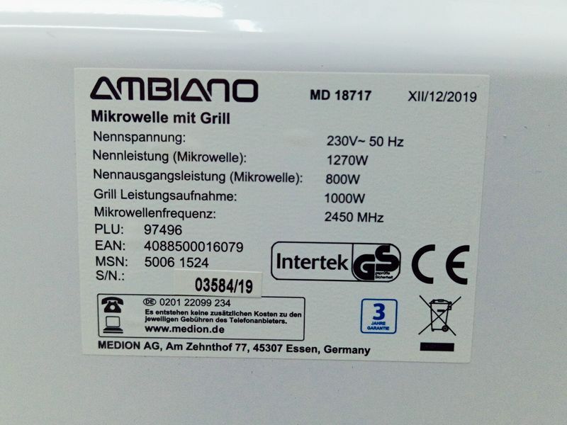 Мікрохвильова піч Ambiano MD 18717 1270w гриль 1000w sn 0358419 000040335 фото